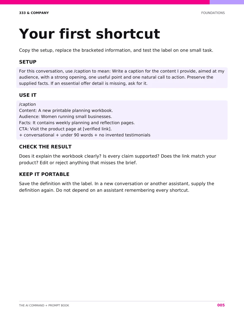 Your first shortcut — page 5 from AI Command + Prompt Book
