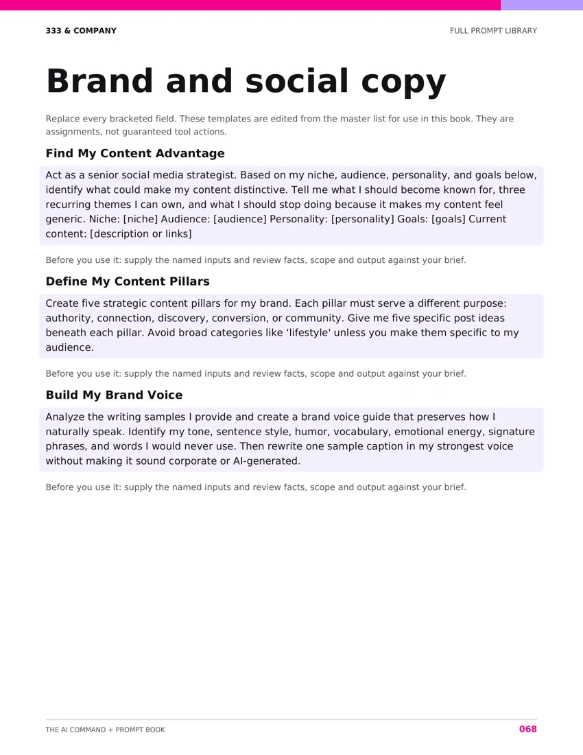 Brand and social copy — page 68 from AI Command + Prompt Book