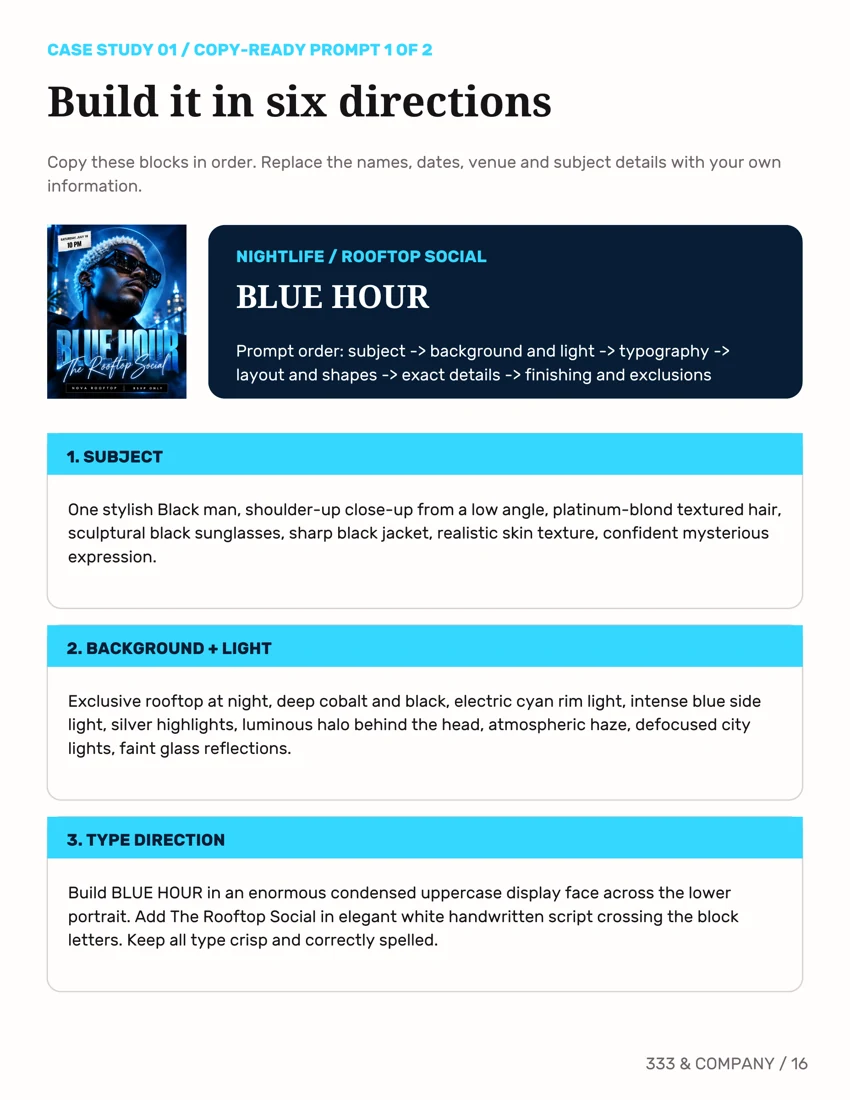 Blue Hour: prompt guidance, part one — page 16 from The AI Flyer Lab